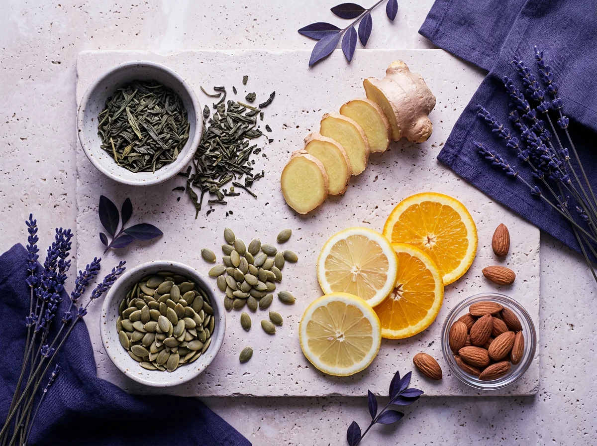 Groene thee gember zink vitamine C magnesium ingrediënten flat lay plantaardig